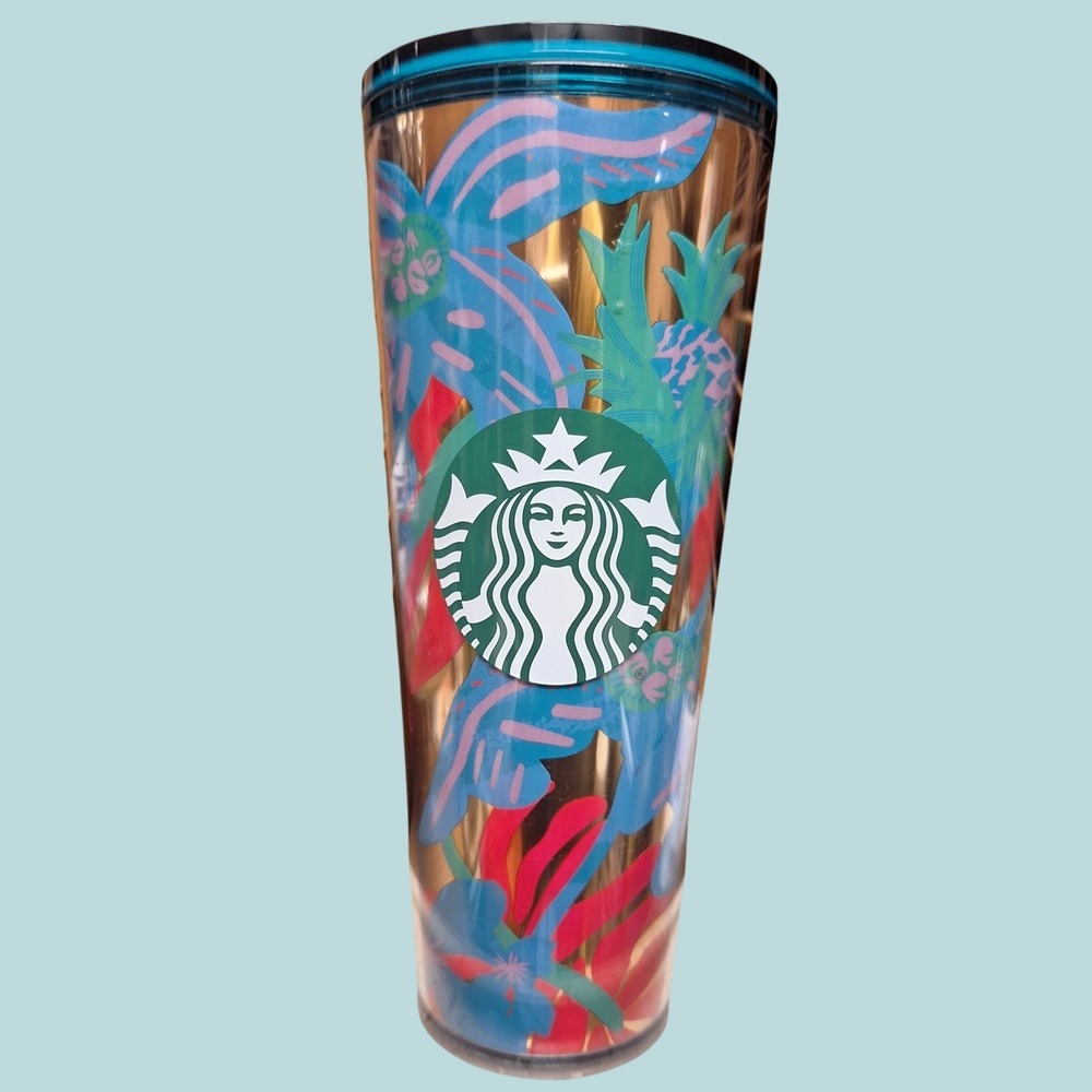 Starbucks 24oz Cold Cup Tumbler Teal Gold Floral Tropical SKU 011132611